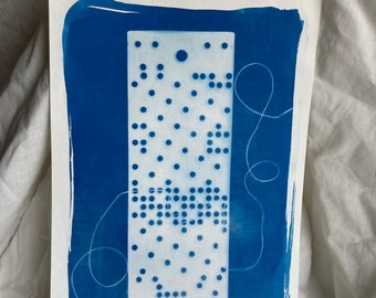 Abstract Cyanotype A4 Print, blue photographic sun print, jacquard weaving pattern