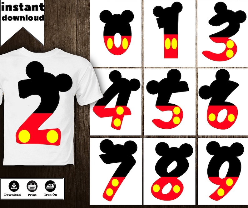 mickey mouse numbers iron on transfer birthday numbers disney etsy