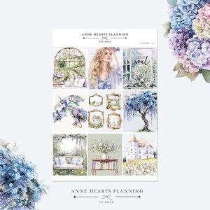 Könnte beinhalten: Ein Bogen mit Planer-Stickern mit Aquarellillustrationen. Die Designs umfassen eine Frau, ein Fenster mit dem Wort "soul", einen Baum, eine Schaukel und ein Haus. Die Farbpalette ist weich, mit Schattierungen von Lila, Blau und Grün. Der Text "ANNE HEARTS PLANNING EST 2014" befindet sich oben und unten.