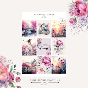 Könnte beinhalten: Ein Set mit neun Aquarell-Stickern mit floralen und Naturmotiven. Die Sticker zeigen eine Brücke über einen Fluss, ein Haus mit Garten, ein Blumenfeld, eine Frau in einem weißen Kleid, ein Zitat über das Folgen deiner Träume und eine einzelne Blume. Die Sticker sind perfekt, um deinem Planer oder Journal einen Hauch von Verspieltheit und Schönheit zu verleihen.