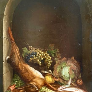Bodegón antiguo con liebre y coles de Claude Guilleminet 1821-1885 17x22cm óleo sobre tabla marco original pintura francesa 19
