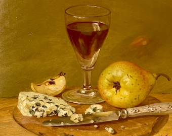Martwa natura, wino Roquefort, oryginalny obraz olejny na desce, 30x30 cm,