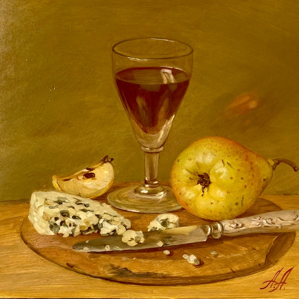 Nature-morte ,Vin au roquefort,peinture originale a l'huile sur bois, 30x30 cm,