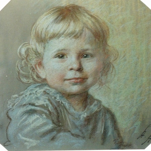 ancien tableau dessin portrait de bébé enfant XIXe dans un tres beau cadre  noir