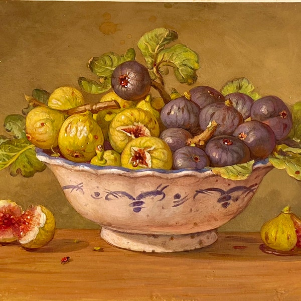 Still life with figs and ladybug Chinese bowl original painting oil on wood 42x31cm unique and precious painting