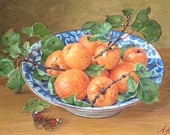 Nature morte aux fruits abricots papillon bol porcelaine Japonaise bleu tableau,peinture,huile sur toile,41x30cm cadre doré à la main