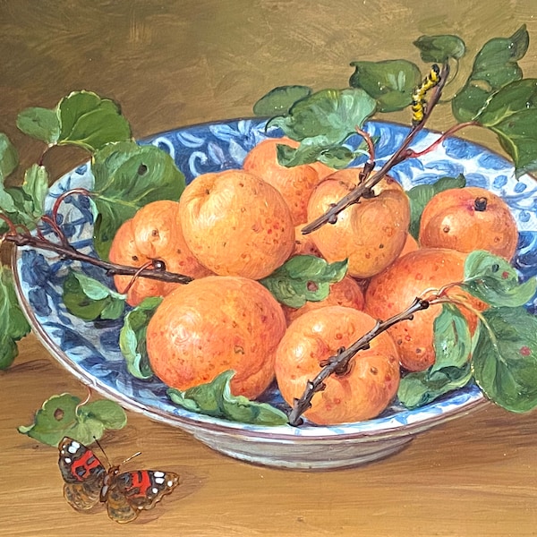 Nature morte aux fruits abricots papillon bol porcelaine Japonaise bleu tableau,peinture,huile sur toile,41x30cm cadre doré à la main