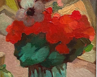 Still life with a small bouquet in an artist's studio in Paris, oil on panel, 32 x 24 cm, signed and dated 1948, antique painting