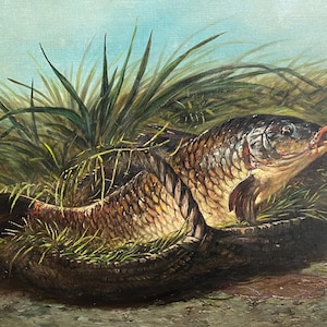 Puede incluir: Pintura al óleo que representa dos peces en una cesta de mimbre, rodeados de hierba alta y verde. Los peces tienen escamas marrones y branquias rojas, con un cielo azul claro de fondo. Tema rústico y natural.