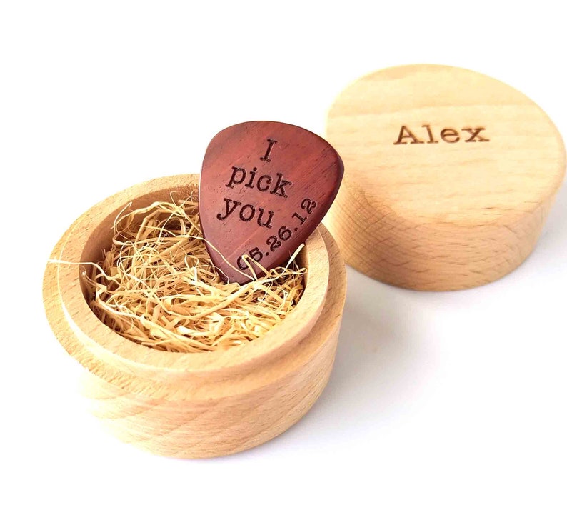 Personalized Custom Engraved Wood Guitar Pick Wooden Box / Wooden Plectrum Musician Valentine's day Gift Christmas gift image 1