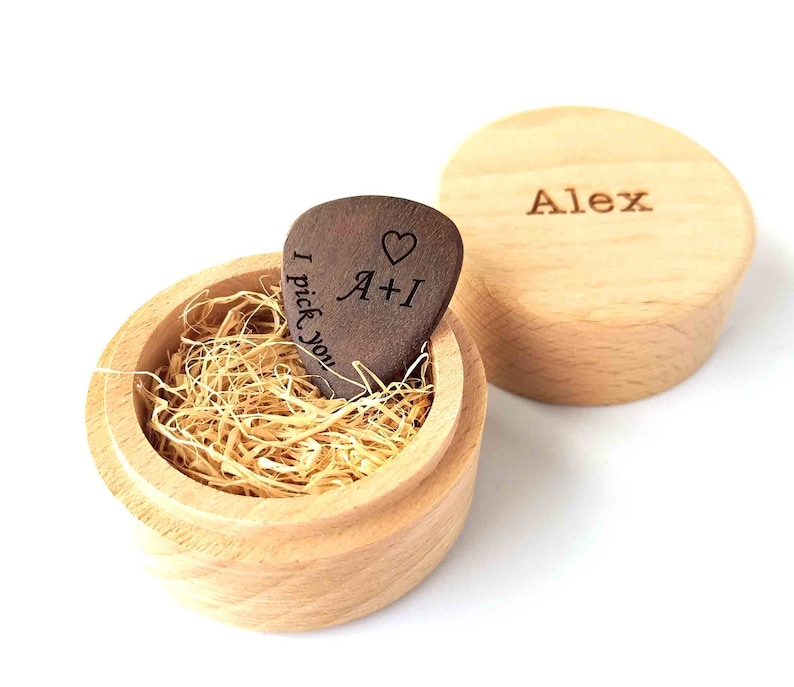 Personalized Custom Engraved Wood Guitar Pick / Wooden Plectrum Musician Valentine Valentine's day Gift Wooden Box Three Colors image 1