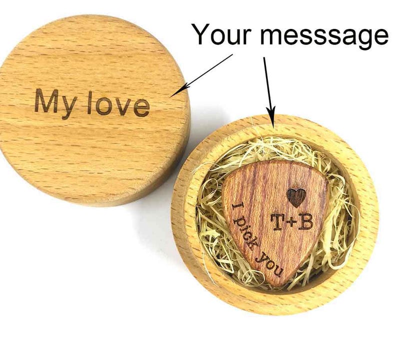 Personalized Custom Engraved Wood Guitar Pick / Wooden Plectrum Musician Valentines Day Gift Wooden Box image 1