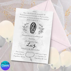 May include: A baptism invitation with a religious theme. The invitation features a central image of the Virgin Mary, surrounded by floral elements. The text includes the name "Luz" and event details. The invitation is set against a soft, neutral background.