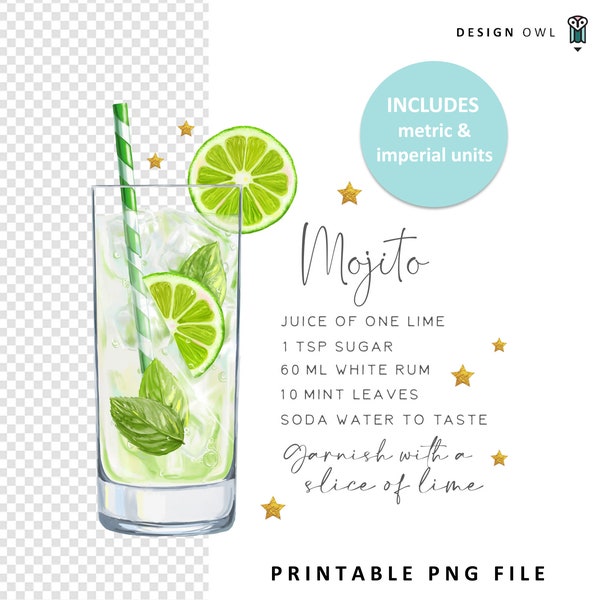 Mojito illustration, drinks coaster design, digital download, cocktail recipe printable, watercolor sublimation file