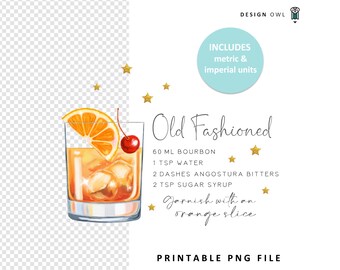 Old Fashioned illustration, drinks coaster design, digital download, cocktail recipe printable, watercolor sublimation file,