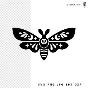 May include: Black and white moth illustration with a skull on the body. The moth's wings feature crescent moons, stars, and floral designs. The image includes the text "DESIGN OWL" and file type options: SVG, PNG, JPG, EPS, and DXF.