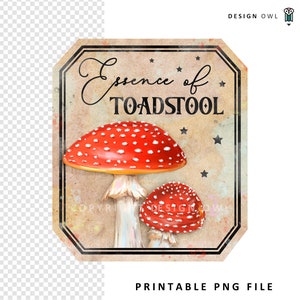 Étiquette d'apothicaire - autocollants imprimables, téléchargement numérique, essence de champignon vénéneux, étiquettes de bouteilles de potion, décoration d'halloween, Cottagecore PNG