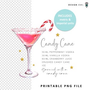 Illustrazione di cocktail a forma di bastoncino di zucchero, file di sublimazione per cocktail natalizi, download digitale, file di ricette stampabili