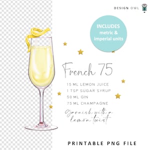 French 75 Cocktail Recipe: Watercolor Illustration (Digital Download)