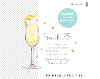 French 75 Cocktail Recipe: Watercolor Illustration (Digital Download)