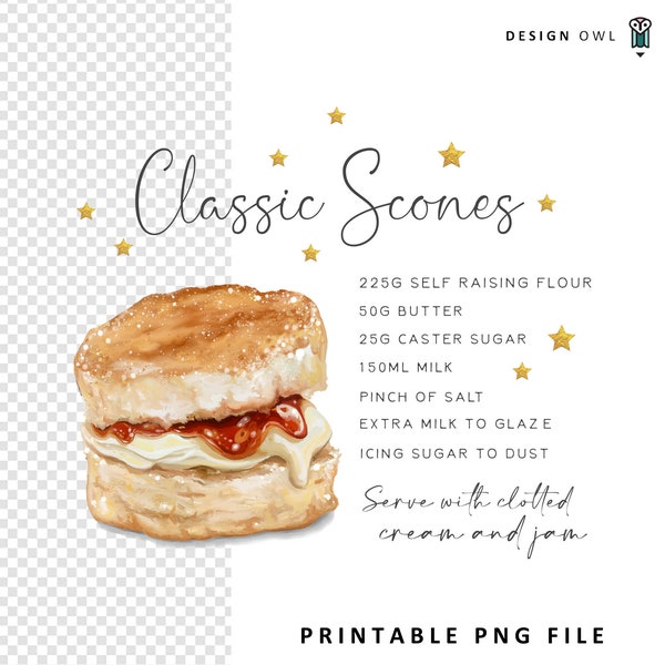 Printable Scone - Sublimation file, digital download, kitchen towel design, watercolour illustrated recipes, Baking PNG