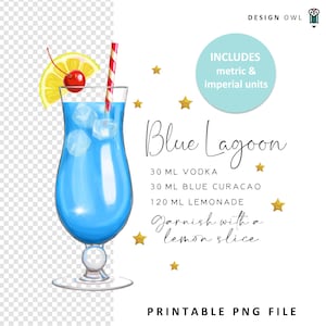 Ricetta Blue Lagoon - File di sublimazione, download digitale, design di sottobicchieri di bevande, cocktail ad acquerello PNG, illustrazione del bicchiere