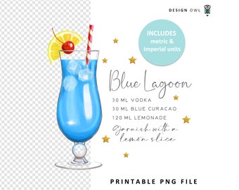 Blue Lagoon Cocktail Recipe: Watercolor PNG, Coaster Design (Digital Download)