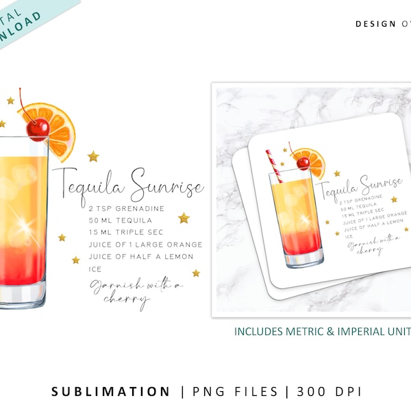Tequila Sunrise illustration, watercolor sublimation file, digital download, drinks coaster design, cocktail recipe printable