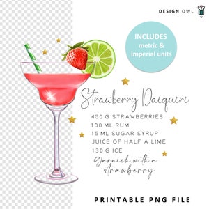Recette de daiquiri aux fraises - fichier sublimation, téléchargement numérique, conception de sous-bocks, illustration PNG de cocktail aquarelle