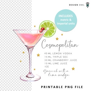 Cosmopolitan recipe  - Sublimation file, digital download, Drinks coaster design, watercolor cocktail PNG, tumbler illustration