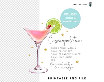 Cosmopolitan recipe  - Sublimation file, digital download, Drinks coaster design, watercolor cocktail PNG, tumbler illustration
