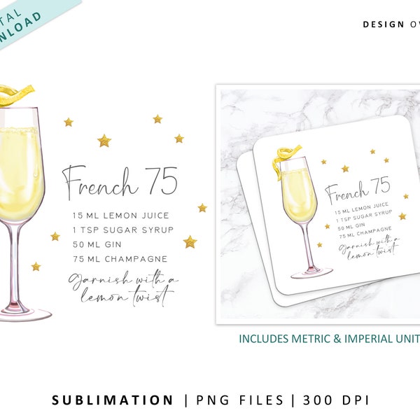 French 75 cocktail recipe - Sublimation file, digital download, Drinks coaster design, watercolor cocktail PNG, tumbler illustration