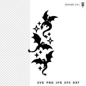 Peut inclure: Silhouette noire de trois dragons aux ailes déployées et aux queues recourbées, entrecoupées de formes d'étoiles. L'image comprend le texte "DESIGN OWL" et les options de type de fichier : SVG, PNG, JPG, EPS et DXF.