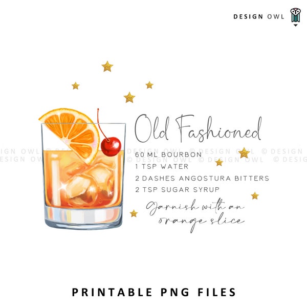 Old Fashioned illustration, drinks coaster design, digital download, cocktail recipe printable, watercolor sublimation file,