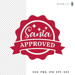 May include: Red and white Santa Approved seal with a festive design. The seal has a red background with white text and stars.