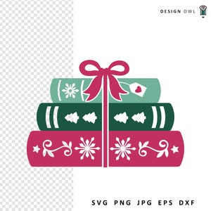 May include: A stack of three books tied with a red bow. The books are teal, green, and magenta, with snowflake, Christmas tree, and floral designs. The image includes the text "DESIGN OWL" and file type options.