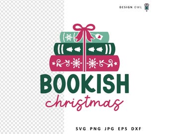 May include: A festive graphic design with a stack of books in green and red, tied with a red bow. The words "BOOKISH christmas" are displayed below the books. File type options are shown at the bottom of the image.