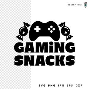 Op de afbeelding: Zwart-wit afbeelding met de tekst "GAMING SNACKS" in vette letters. Een gamecontroller staat gecentreerd boven de tekst, geflankeerd door twee snoepafbeeldingen. De afbeelding bevat ook bestandstype-opties.