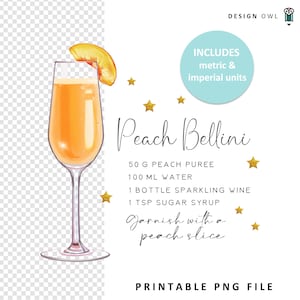 Ricetta Bellini alla pesca - File di sublimazione, download digitale, design sottobicchiere, cocktail ad acquerello PNG, illustrazione tumbler