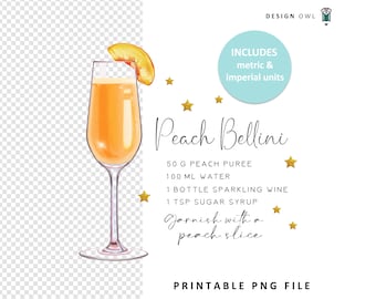 Peach Bellini Recipe: Watercolor Cocktail PNG (Digital Download)