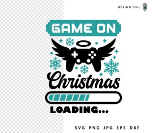 Könnte beinhalten: Grafikdesign in Schwarz und Türkis mit dem Text "GAME ON Christmas LOADING...". Ein schwarzer Controller mit Engelsflügeln und Heiligenschein in der Mitte, umgeben von Schneeflocken. Thema Weihnachten und Gaming.