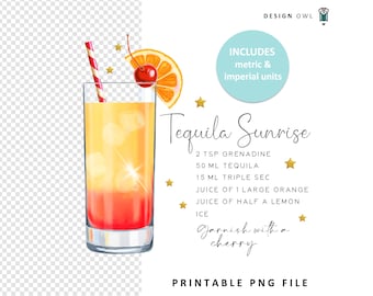 Tequila Sunrise illustration, watercolor sublimation file, digital download, drinks coaster design, cocktail recipe printable