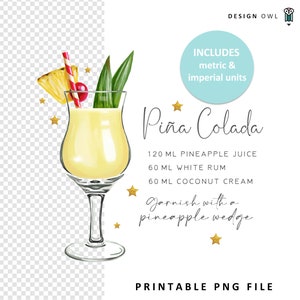 Pina Colada illustration, drinks coaster design, digital download, cocktail recipe printable, watercolor sublimation file,
