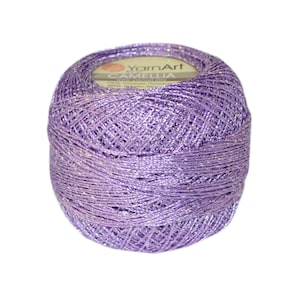 May include: A ball of purple yarn with silver metallic thread. The label reads "YarnArt Camelia" and "70% Viscose, 30% Metallic, Made in Turkey."