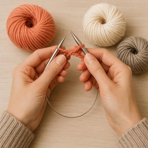 Könnte beinhalten: Nahaufnahme von Händen, die mit orangefarbener Wolle und silbernen Nadeln stricken. Im Hintergrund befinden sich drei Wollknäuel in Orange-, Creme- und Grautönen. Das Strickprojekt ist im Gange, eine Rundstricknadel ist sichtbar.