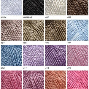May include: A collection of 16 spools of embroidery floss in various colors, including white, black, brown, beige, blue, purple, pink, and red. The floss is arranged in a grid pattern.