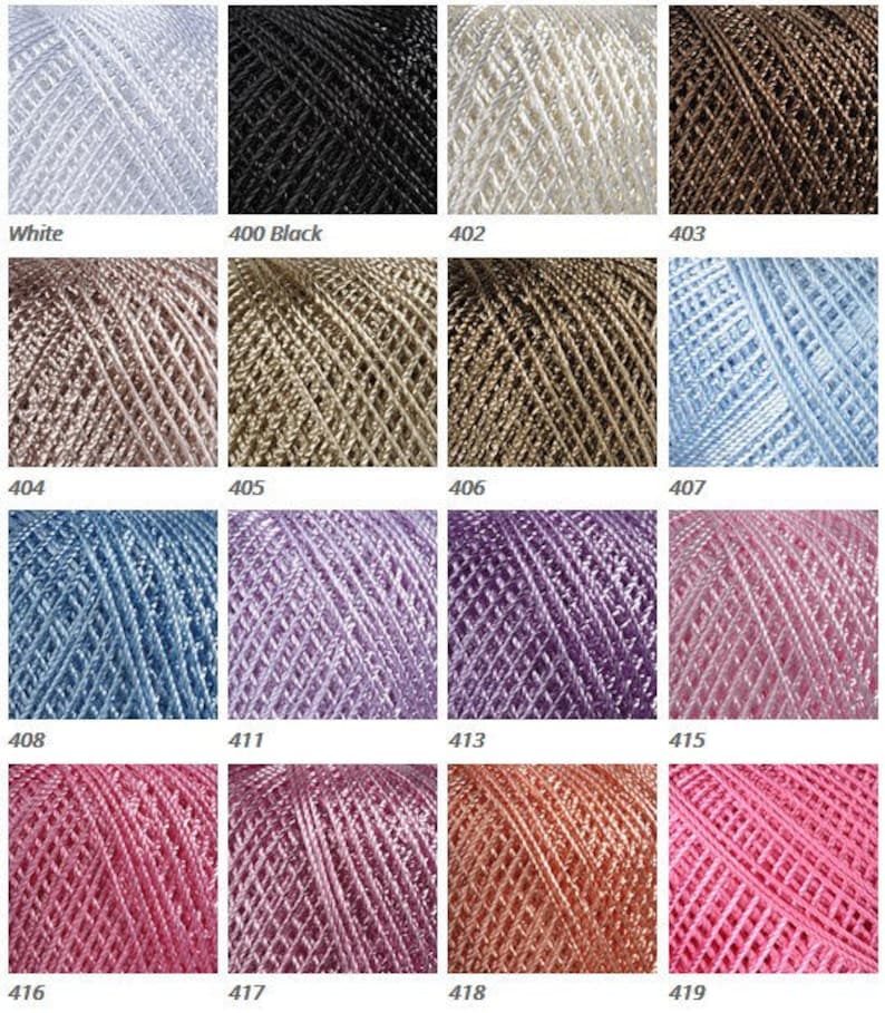 May include: A collection of 16 spools of embroidery floss in various colors, including white, black, brown, beige, blue, purple, pink, and red. The floss is arranged in a grid pattern.