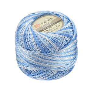 May include: A ball of blue and white striped yarn labeled "YarnArt Tulip" with the text "50 g / 50 / 1.76 oz, 250 m / 273 yds, ЧАРТ ТУЛИП" on the label.