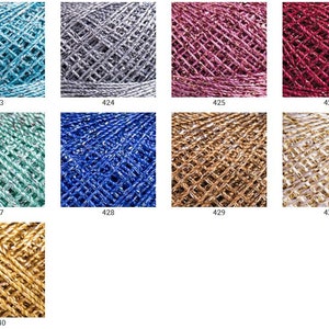 May include: Assortment of metallic yarn balls in various colours, including teal, silver, pink, red, green, blue, gold, and white. Each ball has a number printed on the label.