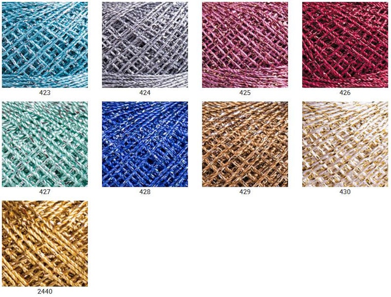 May include: Assortment of metallic yarn balls in various colours, including teal, silver, pink, red, green, blue, gold, and white. Each ball has a number printed on the label.